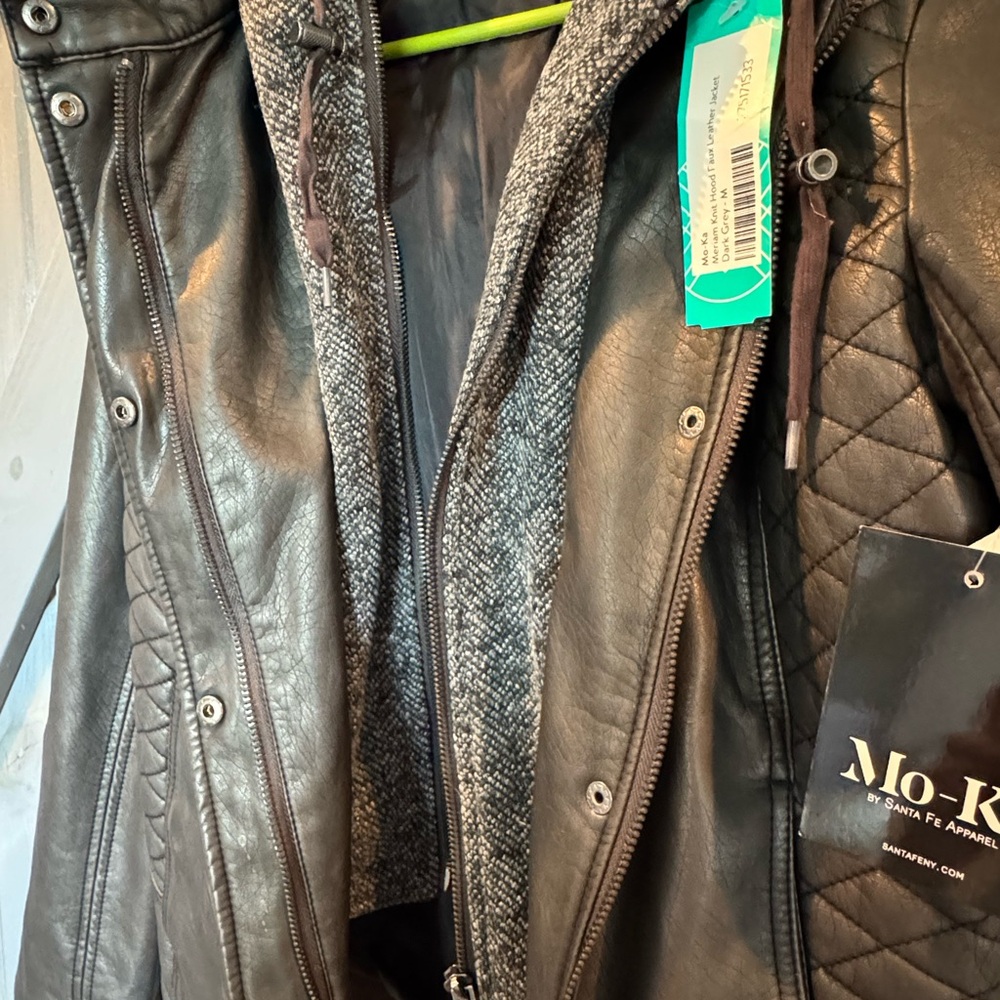 Mo-Ka Women's Black Leather Jacket with Gray Hood - Picture 4 of 7